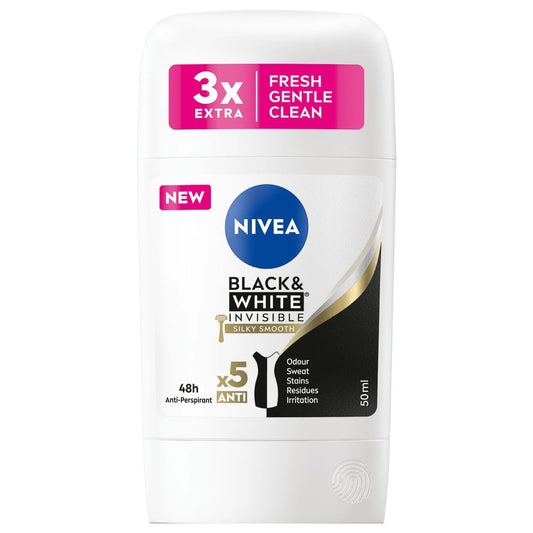 Nivea Men Invisible For Black & White Silky Smooth, Deodorant Antiperspirant Stick, Protectie 48h, Anti-Pete Albe si Galbene, 50 ml
