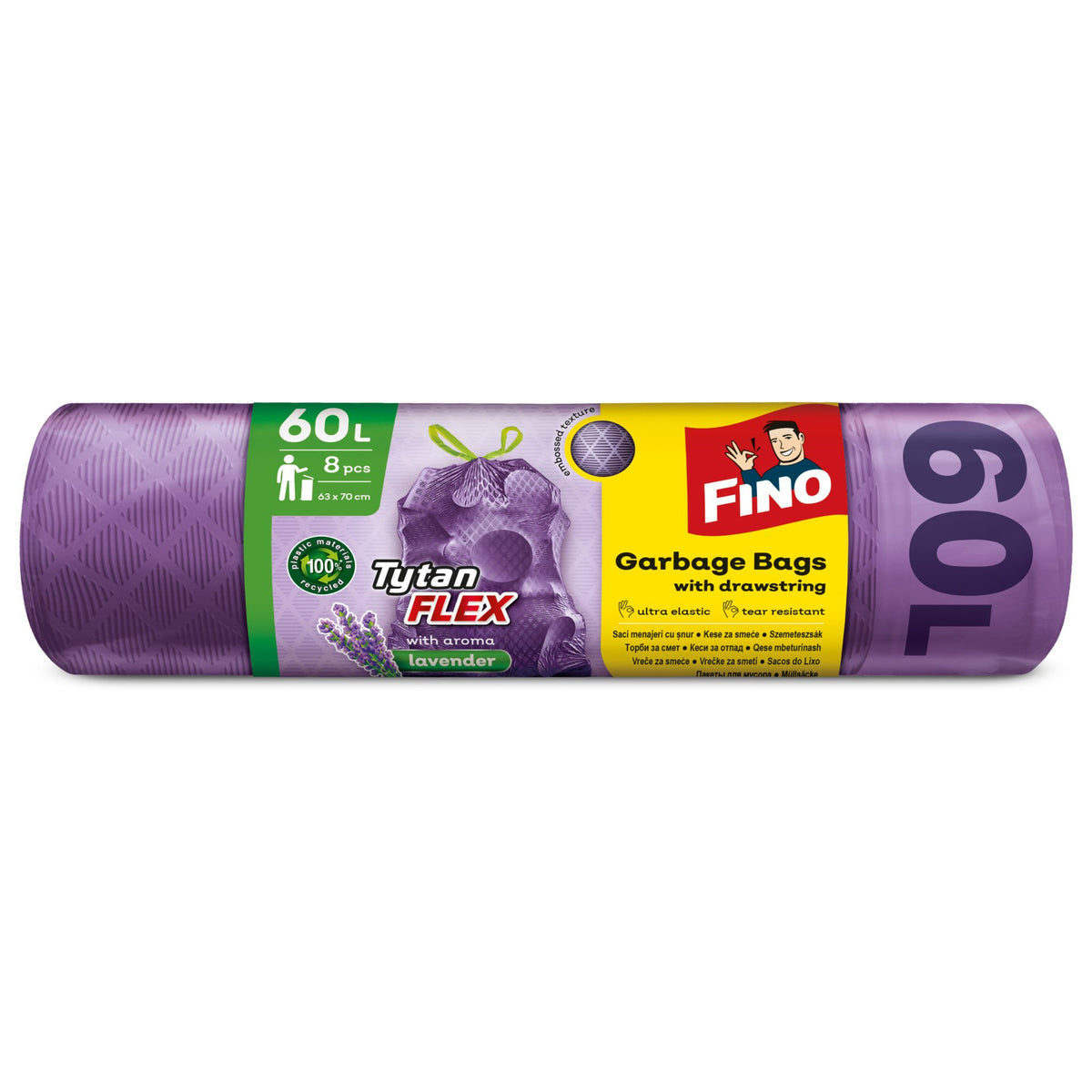Fino Saci Menajeri cu Snur, Parfum de Lavanda, Rezistenti, 60 Litri, 8 Bucati
