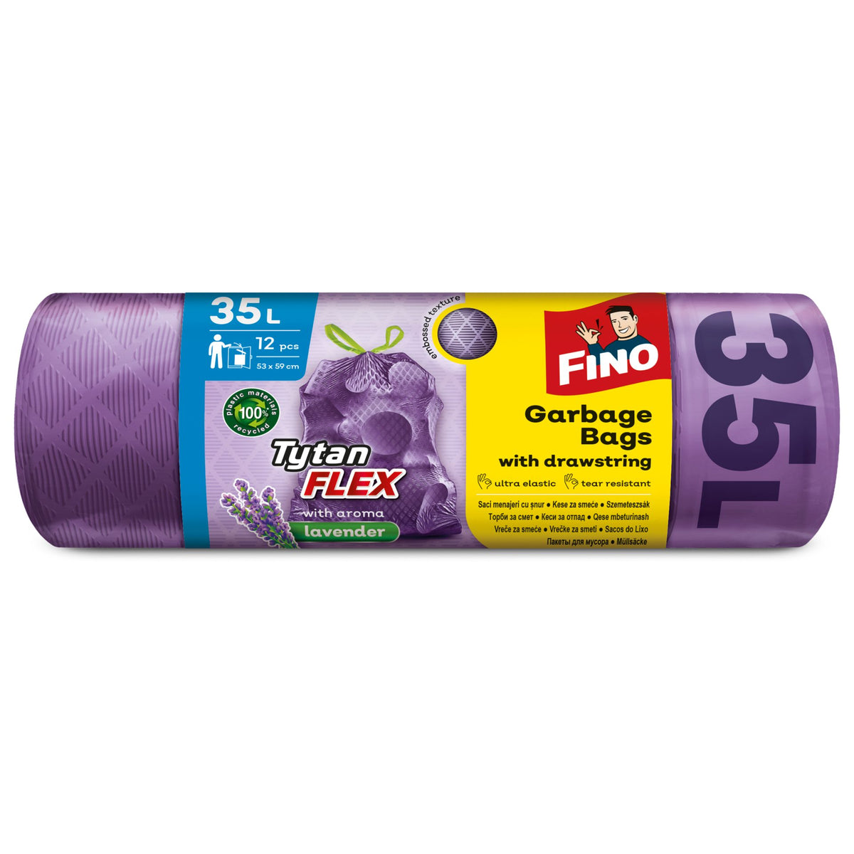 Fino Saci Menajeri cu Snur, Parfum de Lavanda, Rezistenti contra Scurgerilor, 35 L, Violet, 12 Bucati