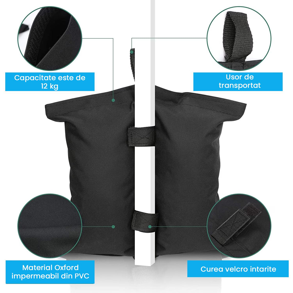 Saci de Ancorare Cort si Pavilion, Greutati Stabilizare cu 2 Buzunare, Poliester Oxford Rezistent, 48 x 35 cm, Set 4 Bucati, Negru