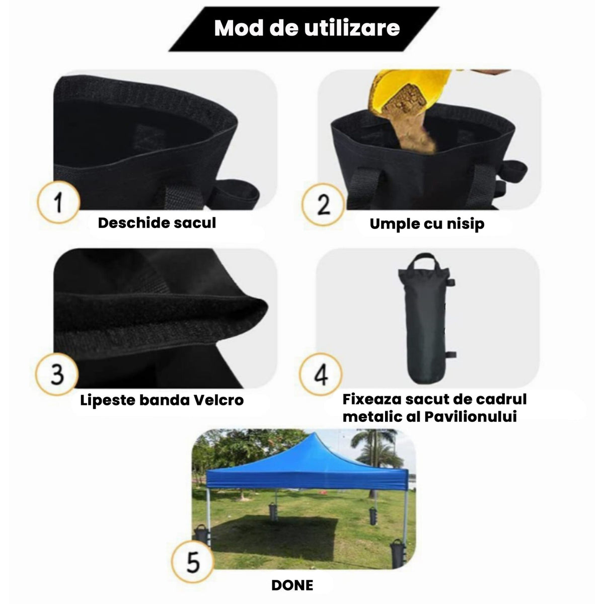 Saci de Ancorare Cort si Pavilion, Greutati Fixare cu Buzunar pentru Nisip, Poliester Oxford, 45 x 20 x 20 cm, Set 4 Bucati, Negru