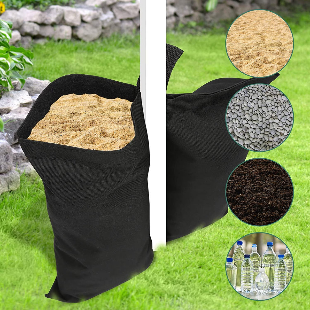 Saci de Ancorare Cort si Pavilion, Greutati Stabilizare cu 2 Buzunare, Poliester Oxford Rezistent, 48 x 35 cm, Set 4 Bucati, Negru