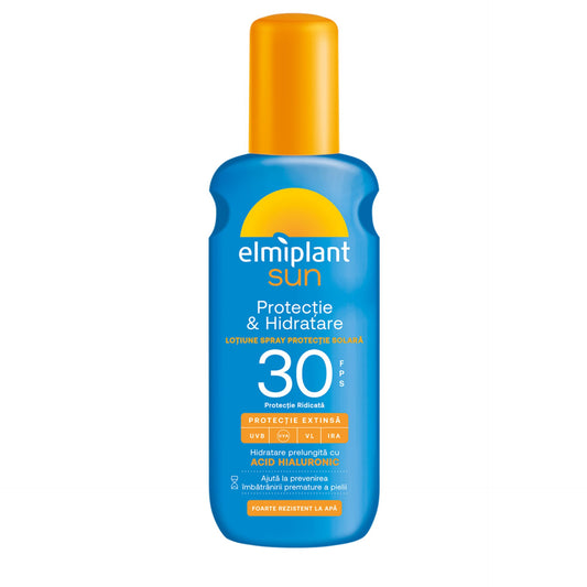 Elmiplant Sun, Lapte Spray Protectie Solara SPF 30, Hidratare cu Acid Hialuronic, Rezistent la Apa, 200 ml