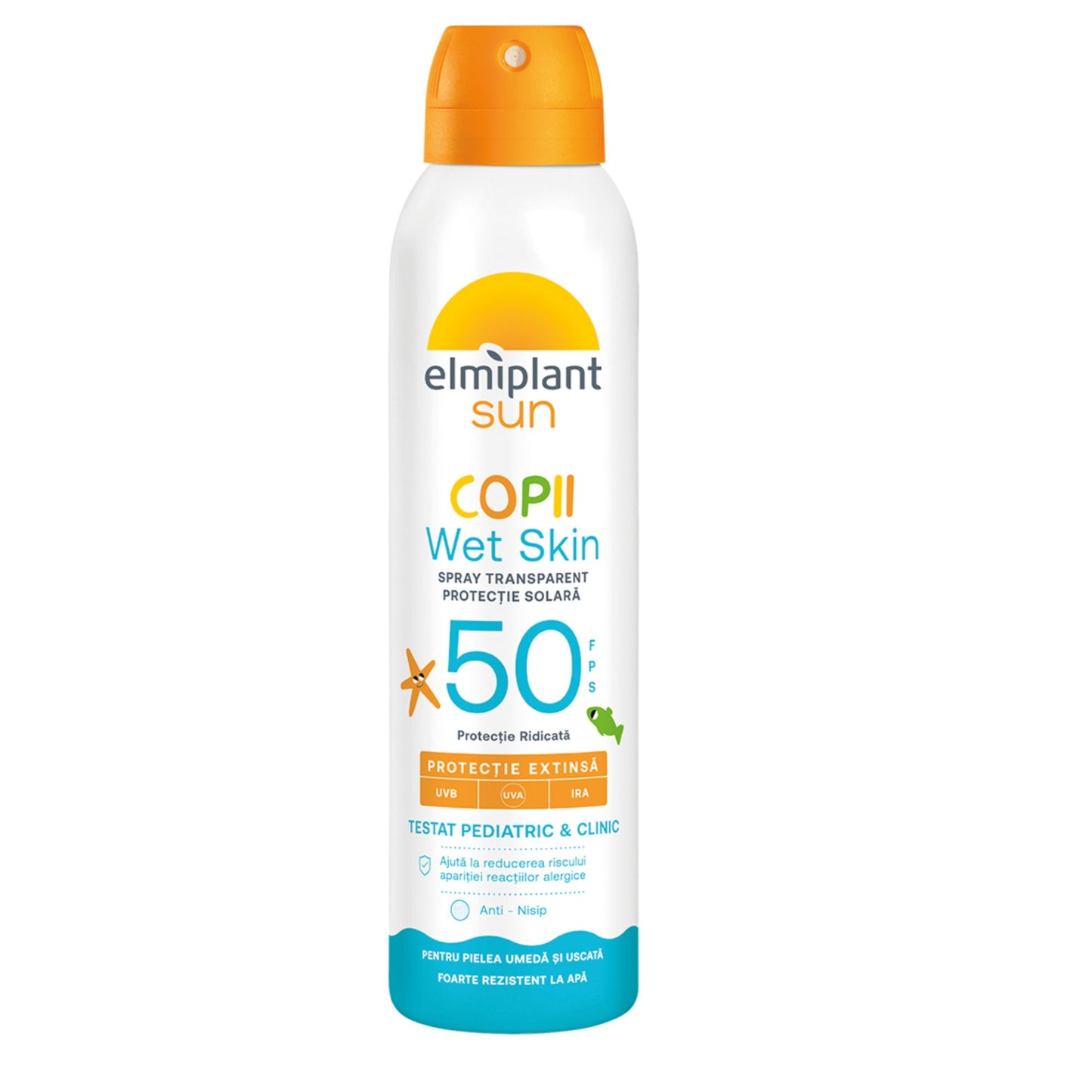 Elmiplant Sun Spray Protecție Solară Copii SPF 50, Loțiune Transparentă Aplicare pe Piele Udă, Rezistent la Apă, 150 ml