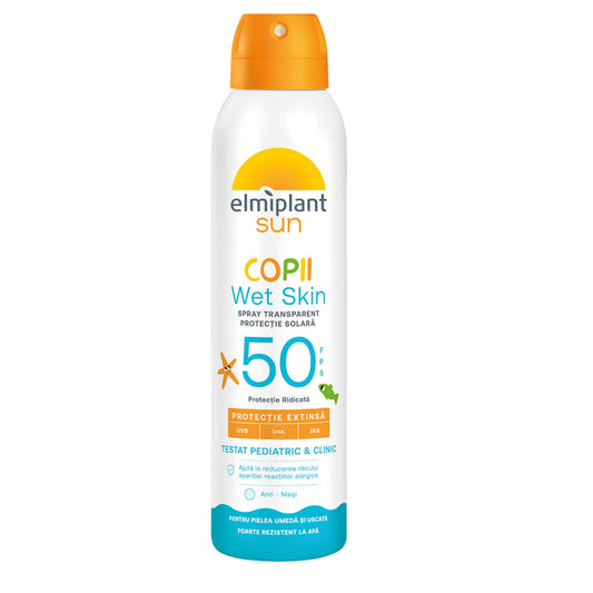 Elmiplant Sun Spray Protecție Solară Copii SPF 50, Loțiune Transparentă Aplicare pe Piele Udă, Rezistent la Apă, 150 ml