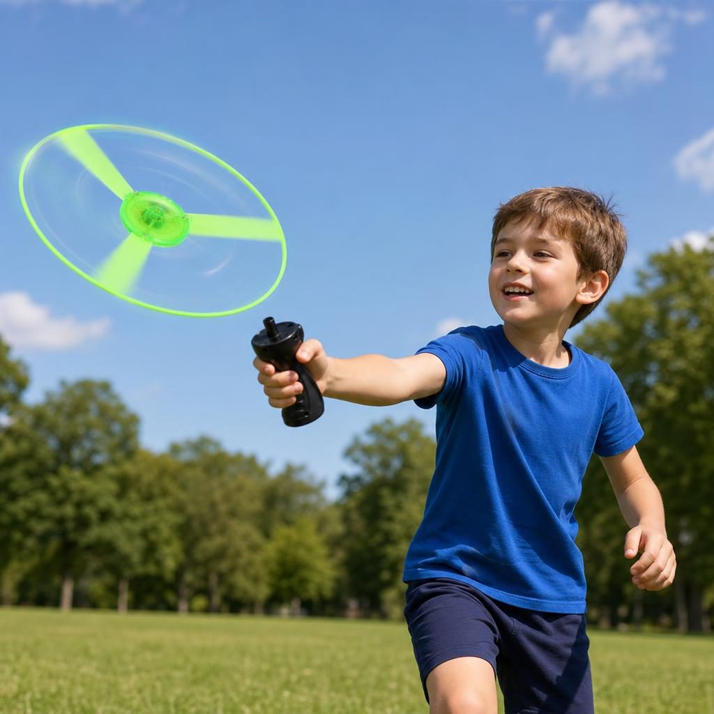 Disc Zburator cu Lumini LED, Aruncator Manual pentru Copii, Plastic Transparent, Verde, 24 cm
