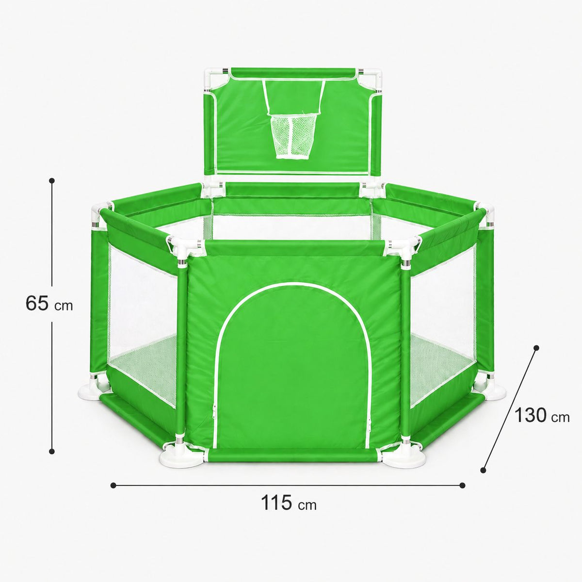 Tarc De Joaca DNT-105 Cu Cos De Baschet, Usa Cu Fermoar Si Plasa Laterala, Material Textil, 130x115x65 cm, Verde
