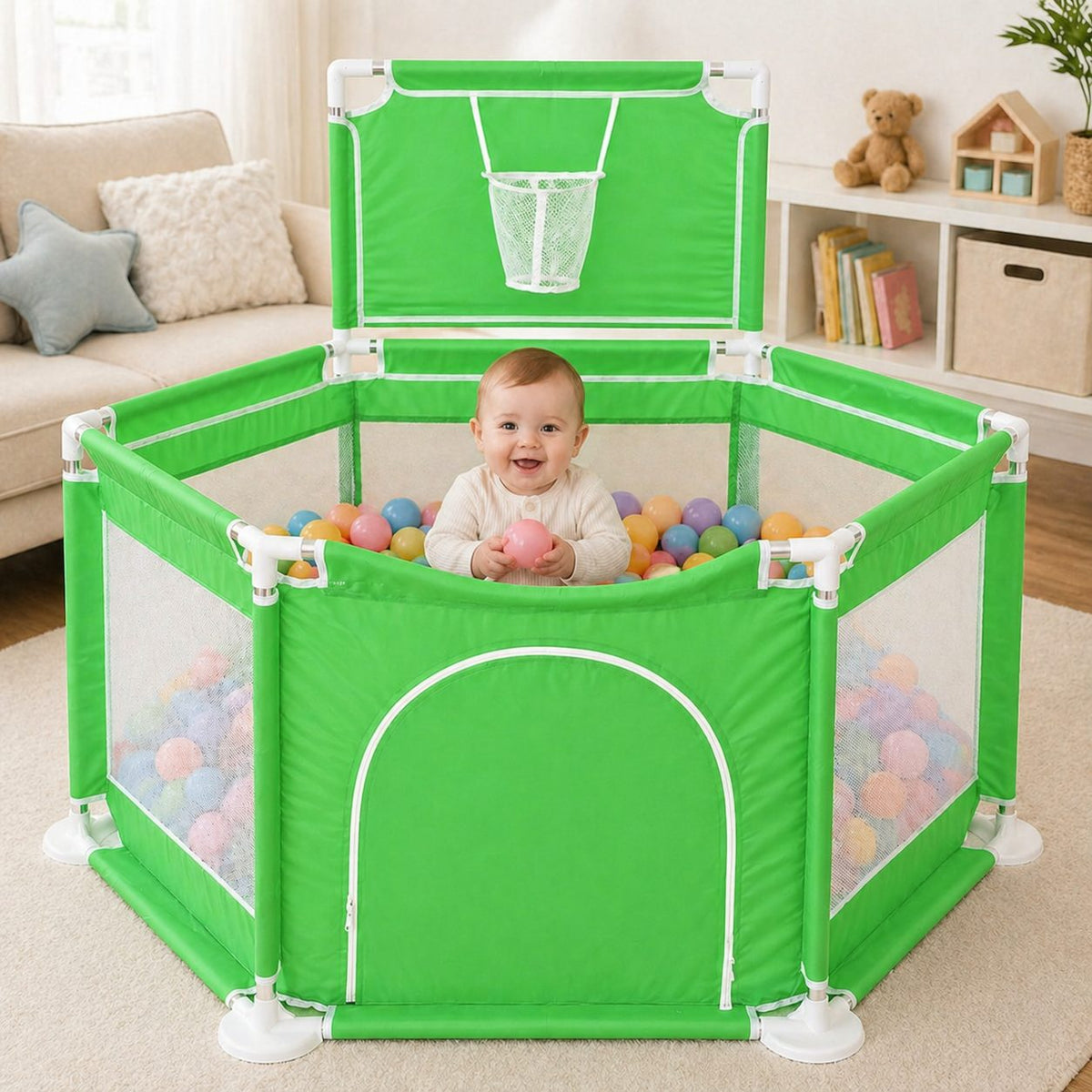 Tarc De Joaca DNT-105 Cu Cos De Baschet, Usa Cu Fermoar Si Plasa Laterala, Material Textil, 130x115x65 cm, Verde