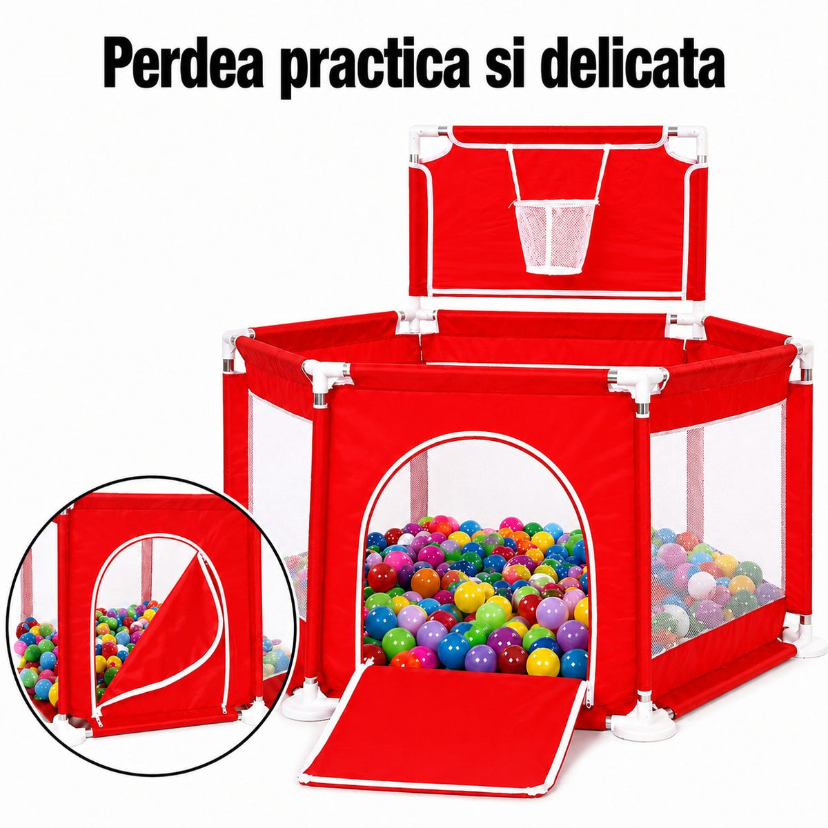 Tarc De Joaca Pentru Copii, Cu Cos De Baschet Si Usa Cu Fermoar, Structura Stabila, Plasa, 130x115x65 cm, Rosu