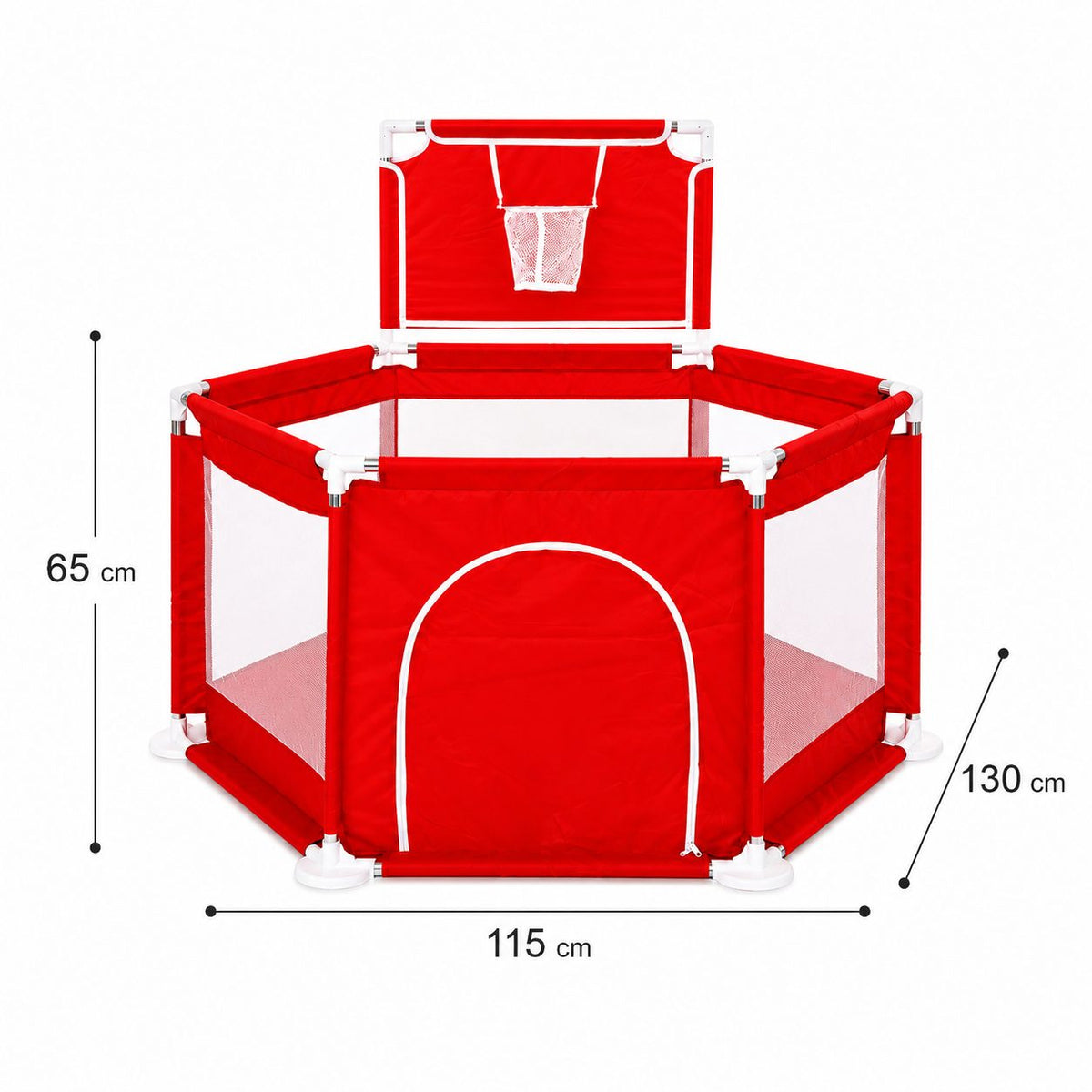 Tarc De Joaca Pentru Copii, Cu Cos De Baschet Si Usa Cu Fermoar, Structura Stabila, Plasa, 130x115x65 cm, Rosu