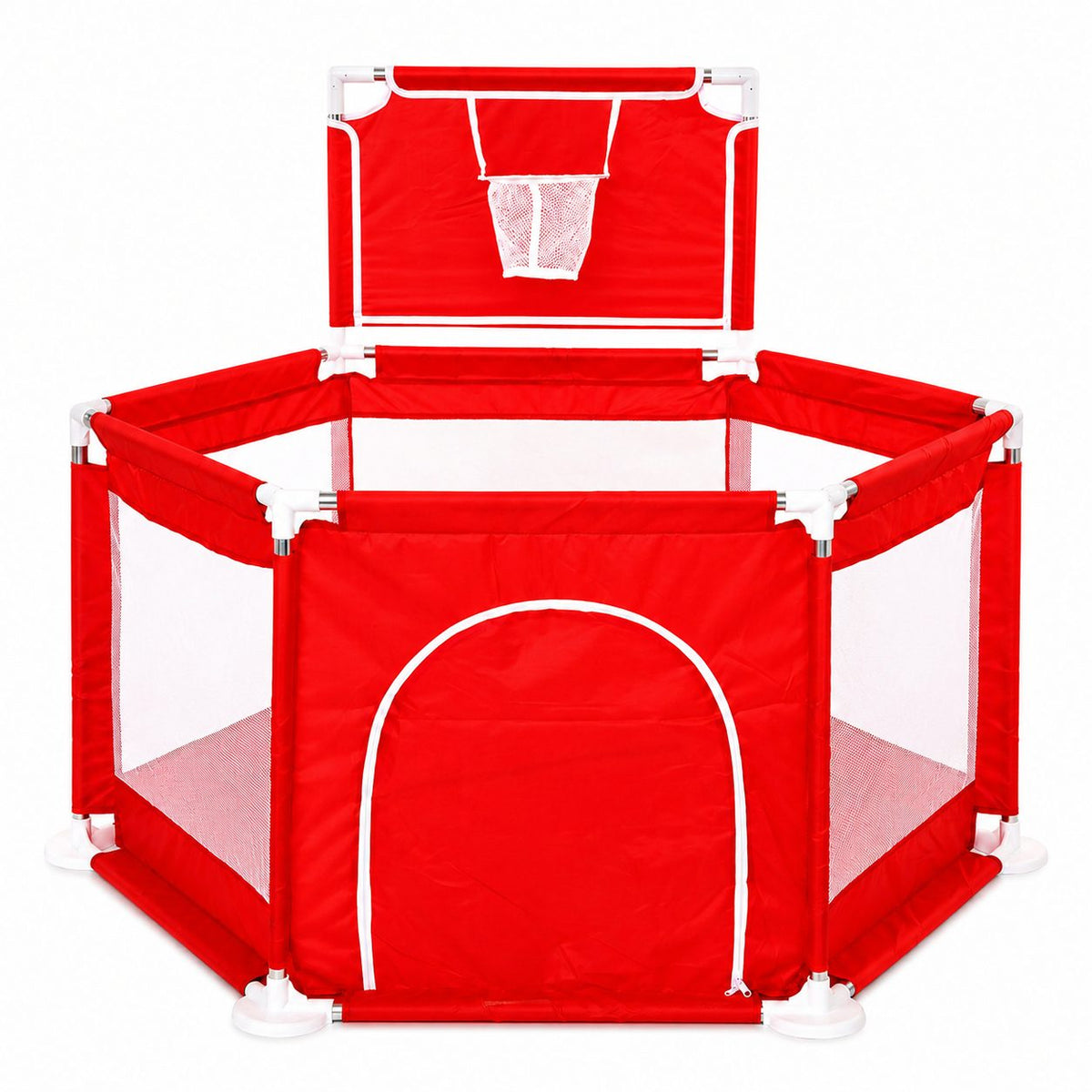 Tarc De Joaca Pentru Copii, Cu Cos De Baschet Si Usa Cu Fermoar, Structura Stabila, Plasa, 130x115x65 cm, Rosu