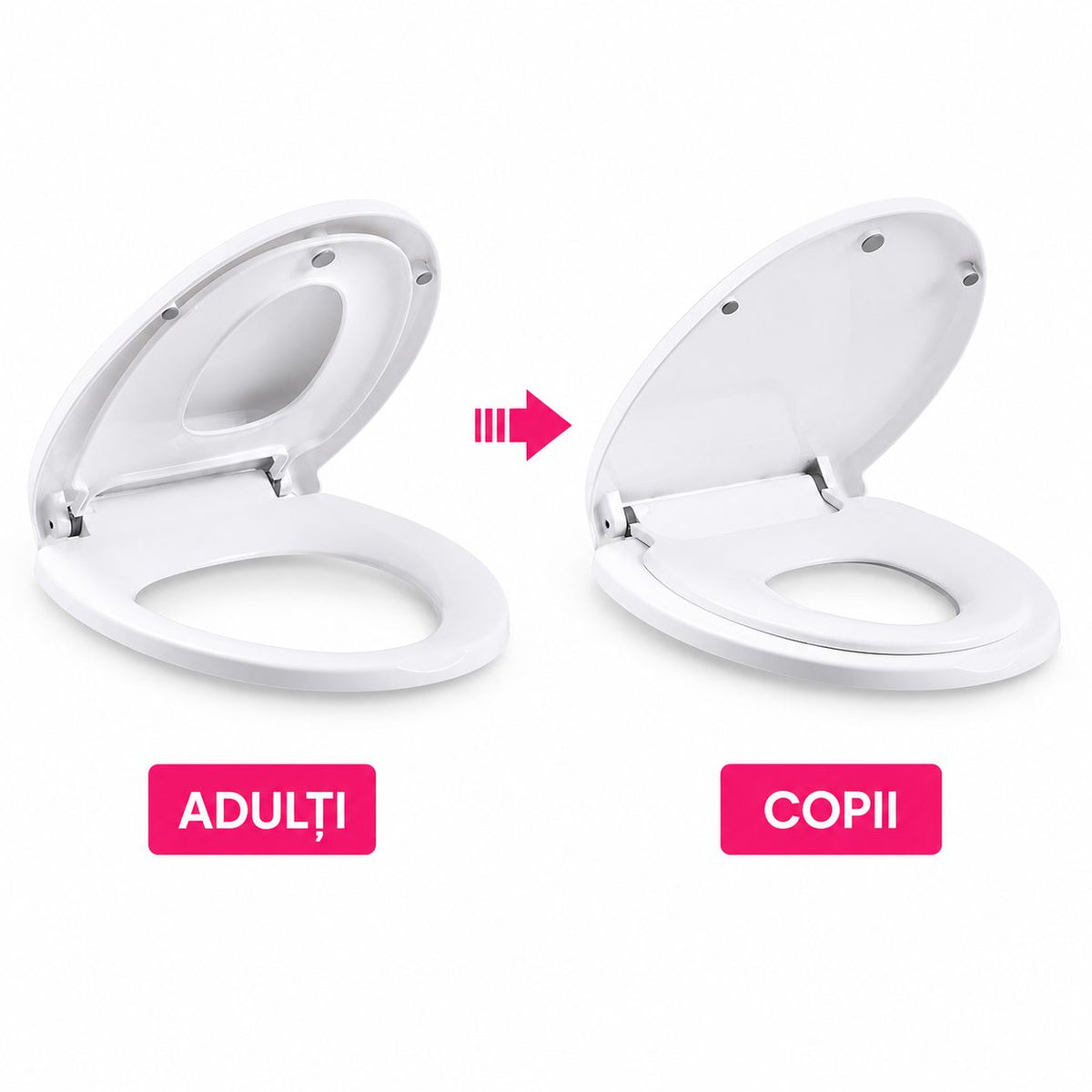 Capac Toaleta 2 in 1 cu Reductie pentru Copii si Adulti, Inchidere Lenta si Silentioasa, Polipropilena PP5, Forma U Patrat, Alb