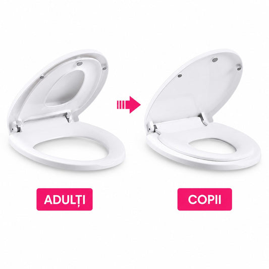 Capac Toaleta 2 in 1 cu Reductie pentru Copii si Adulti, Inchidere Lenta si Silentioasa, Polipropilena PP5, Forma U Patrat, Alb