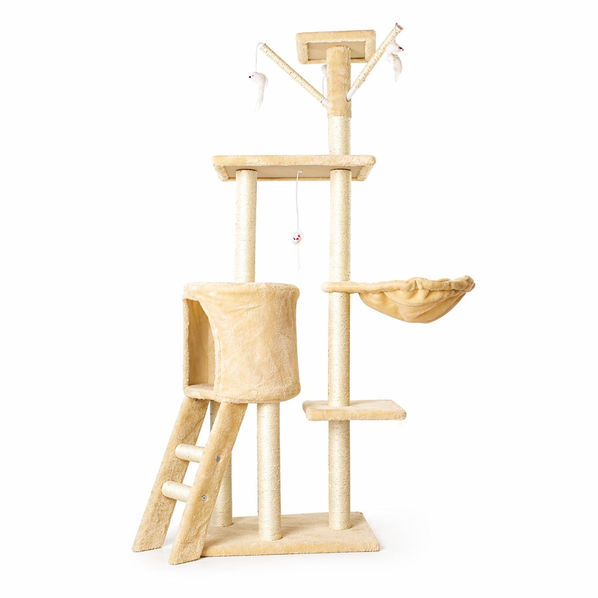Ansamblu de Joaca pentru Pisici, Centru de Activitati Multifunctional cu Platforme, Cusca, Hamac si Scara, Structura din Lemn, 49x35x135 cm, Crem
