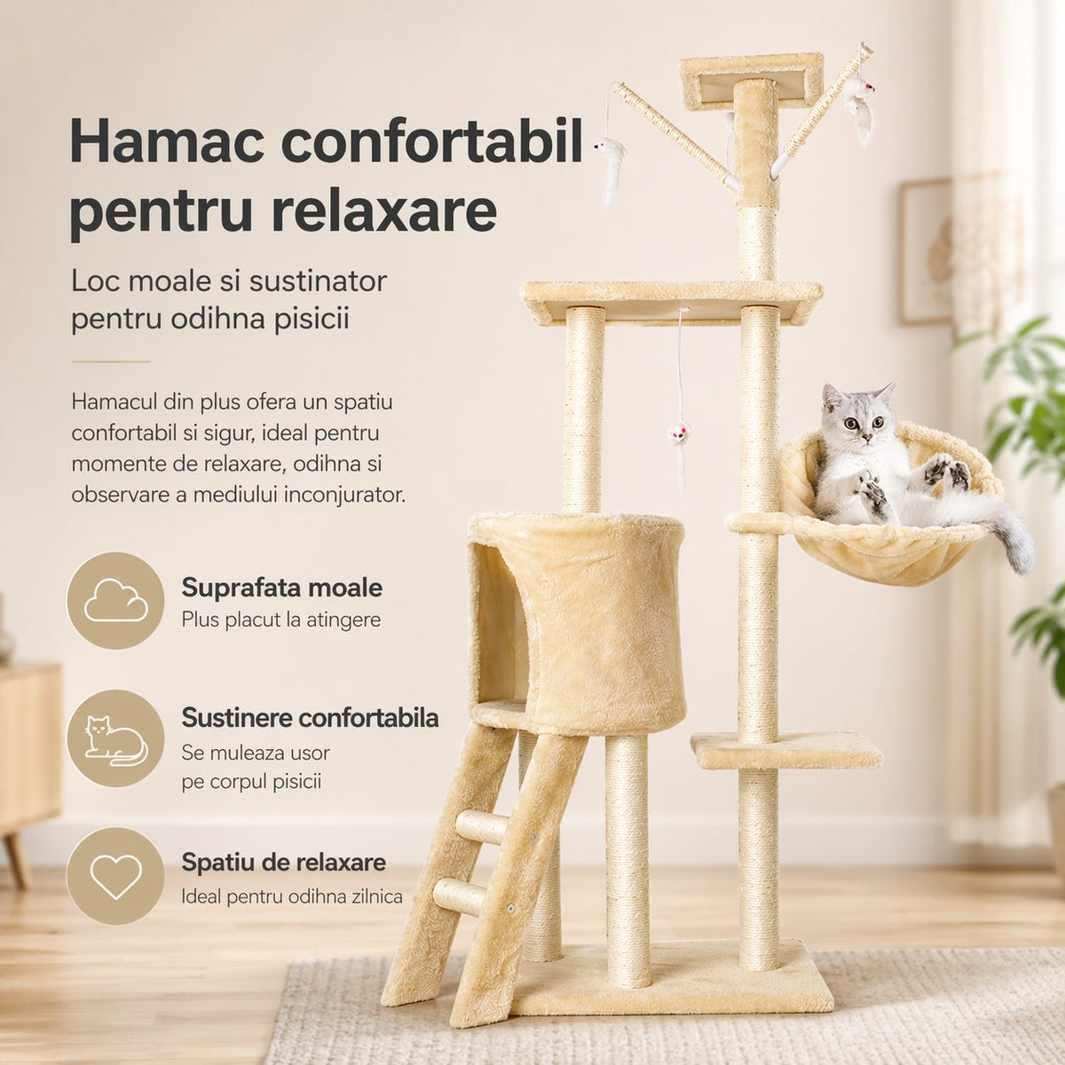 Ansamblu de Joaca pentru Pisici, Centru de Activitati Multifunctional cu Platforme, Cusca, Hamac si Scara, Structura din Lemn, 49x35x135 cm, Crem