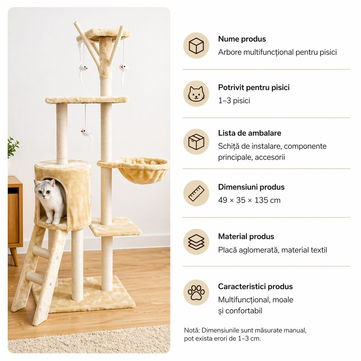 Ansamblu de Joaca pentru Pisici, Centru de Activitati Multifunctional cu Platforme, Cusca, Hamac si Scara, Structura din Lemn, 49x35x135 cm, Crem