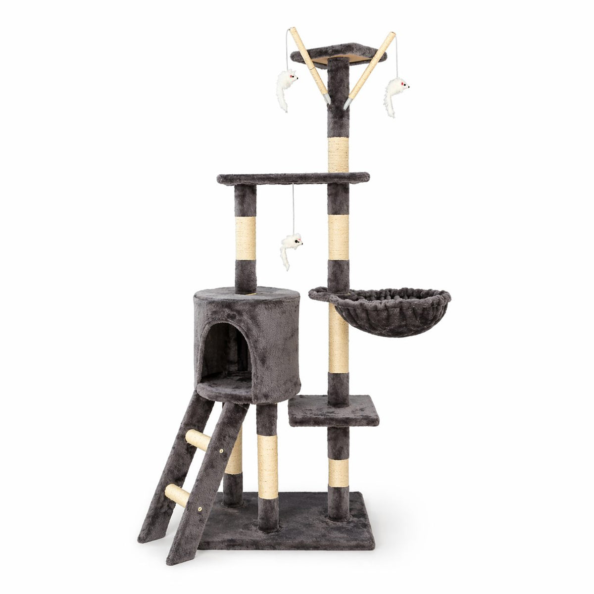 Ansamblu de Joaca pentru Pisici, Centru Multifunctional cu Platforme, Cusca, Hamac si Scara, Lemn si Plus, 49x35x135 cm, Gri Metalic