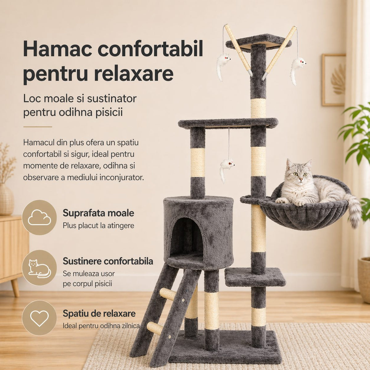Ansamblu de Joaca pentru Pisici, Centru Multifunctional cu Platforme, Cusca, Hamac si Scara, Lemn si Plus, 49x35x135 cm, Gri Metalic