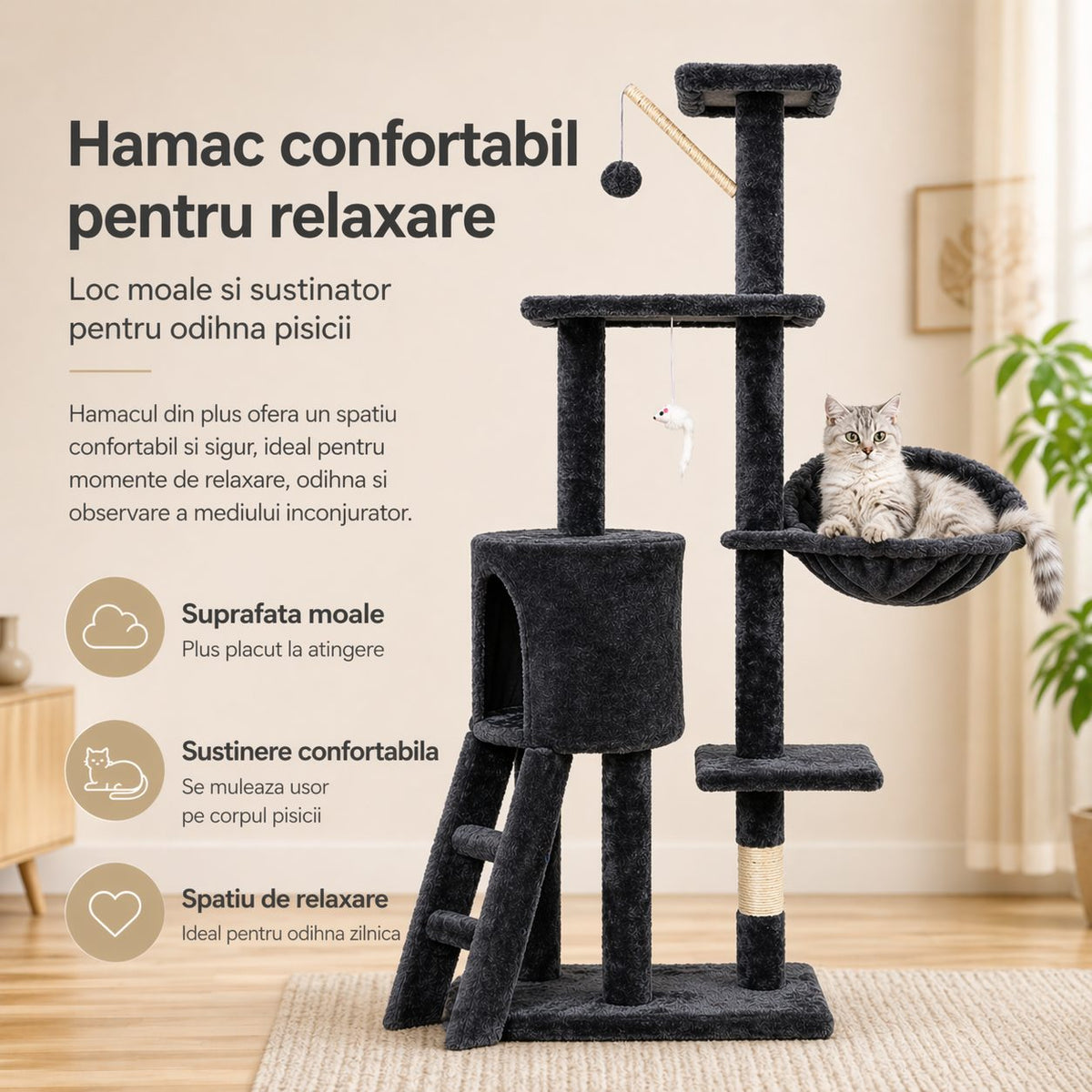 Ansamblu de Joaca pentru Pisici, Centru Multifunctional cu 5 Niveluri, Platforme, Cusca, Hamac si Scara, Lemn, 49x35x135 cm, Negru