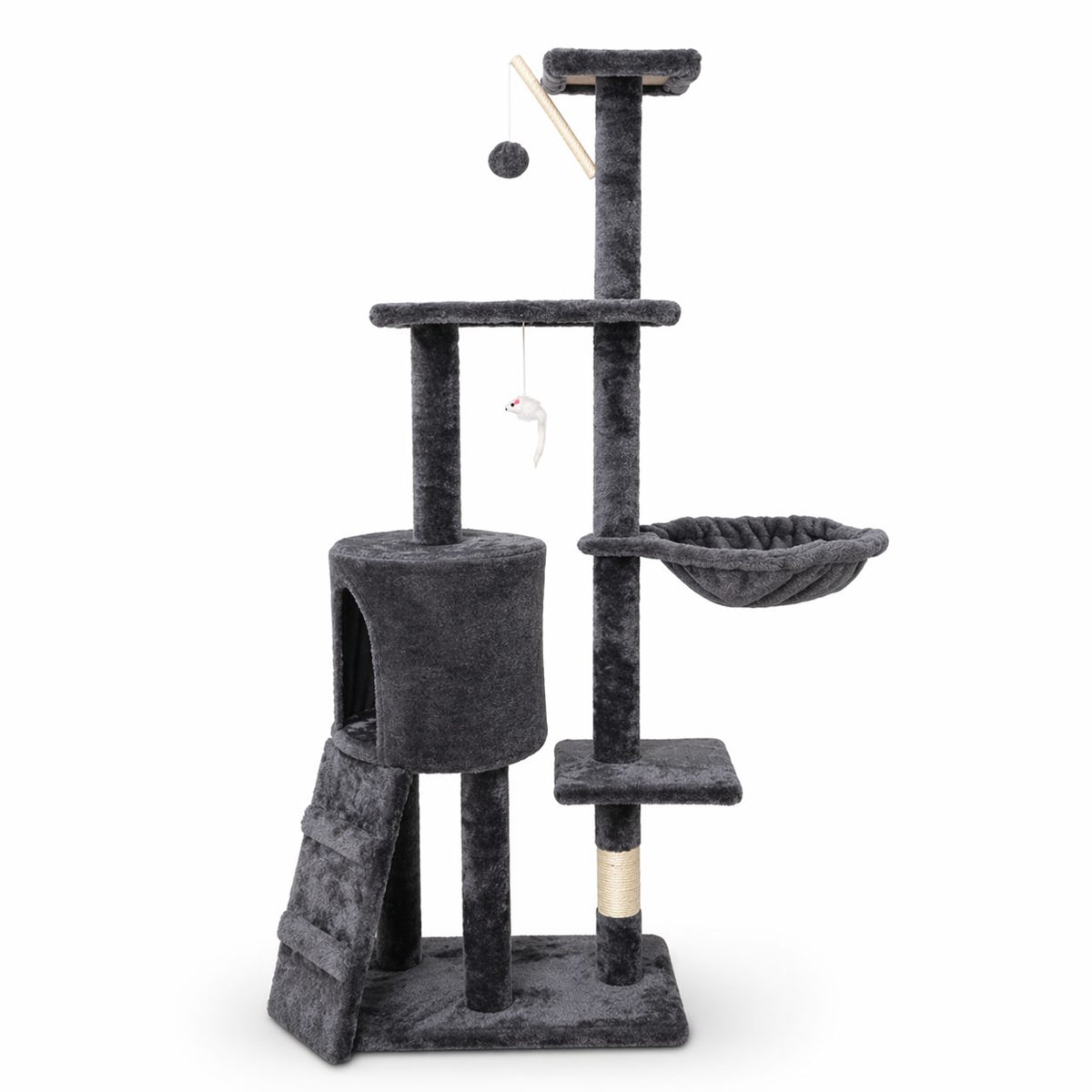 Ansamblu de Joaca pentru Pisici, Centru Multifunctional cu 5 Niveluri, Platforme, Cusca, Hamac si Scara, Lemn, 49x35x135 cm, Negru