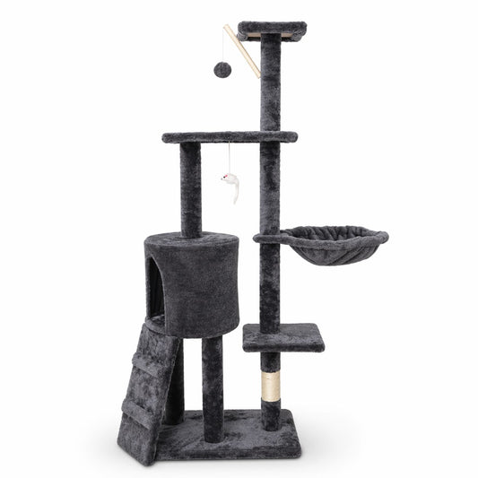 Ansamblu de Joaca pentru Pisici, Centru Multifunctional cu 5 Niveluri, Platforme, Cusca, Hamac si Scara, Lemn, 49x35x135 cm, Negru