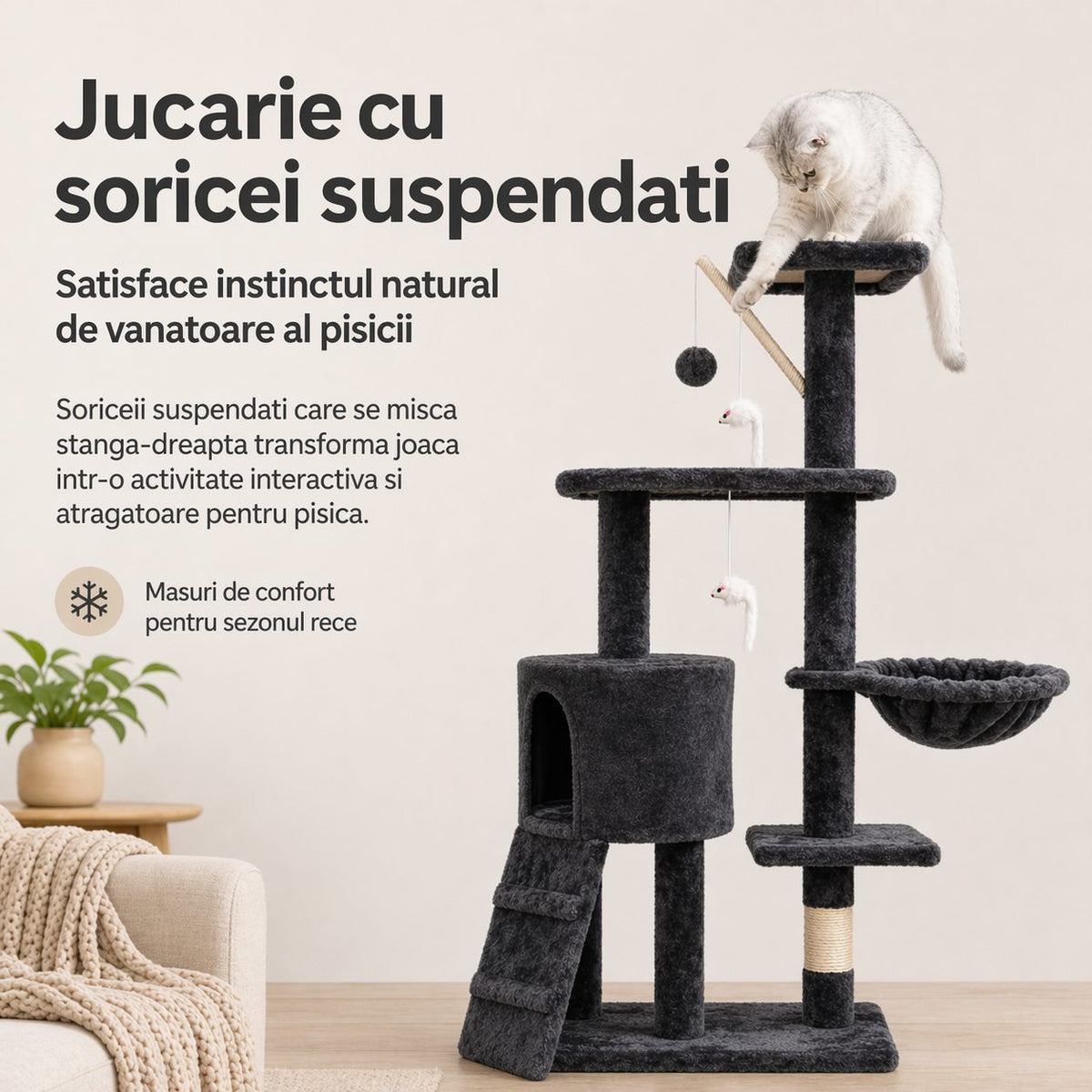 Ansamblu de Joaca pentru Pisici, Centru Multifunctional cu 5 Niveluri, Platforme, Cusca, Hamac si Scara, Lemn, 49x35x135 cm, Negru