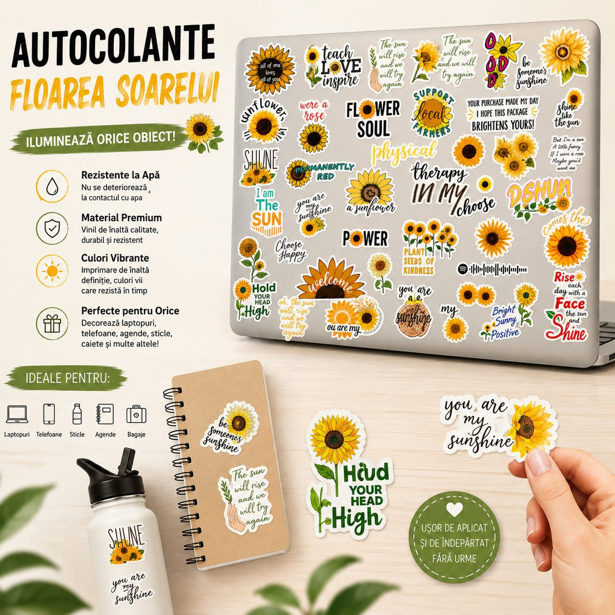 Set Stickere Decorative, Motive Floarea-Soarelui Si Mesaje Inspirationale, Vinil Impermeabil, Multicolor, 50 Bucati