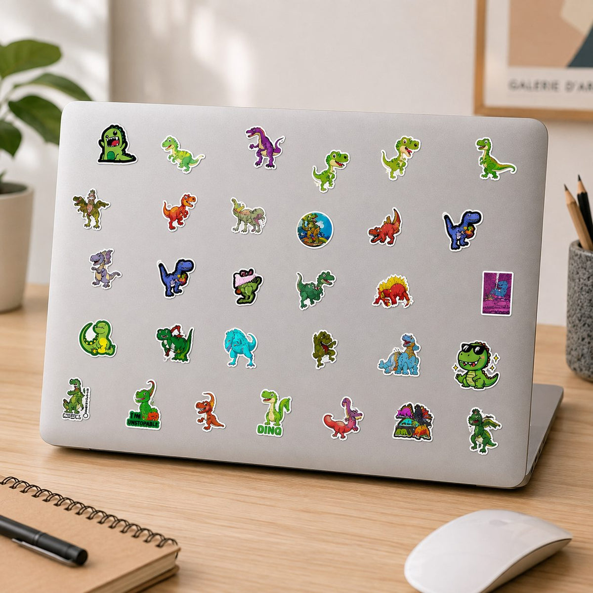 Stickere Decorative Dinozauri Cartoon, Impermeabile, PVC Autoadeziv, Rotunde, 50 Bucati, Multicolor, 5 x 6 cm