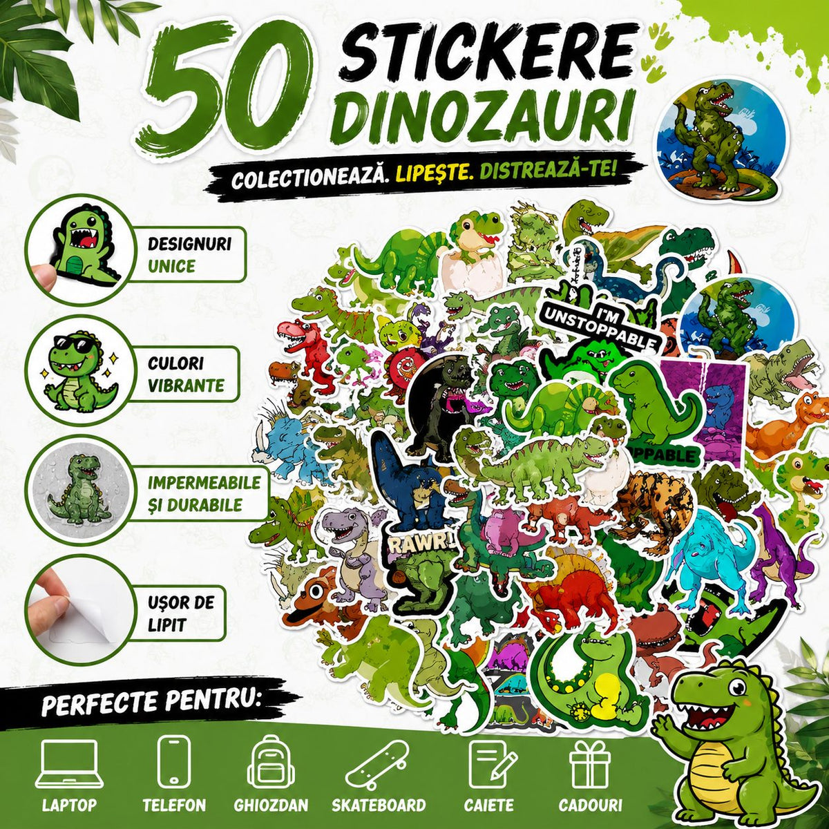 Stickere Decorative Dinozauri Cartoon, Impermeabile, PVC Autoadeziv, Rotunde, 50 Bucati, Multicolor, 5 x 6 cm