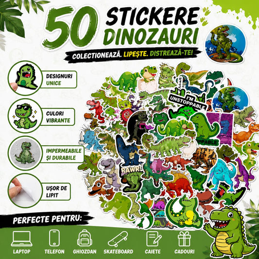 Stickere Decorative Dinozauri Cartoon, Impermeabile, PVC Autoadeziv, Rotunde, 50 Bucati, Multicolor, 5 x 6 cm