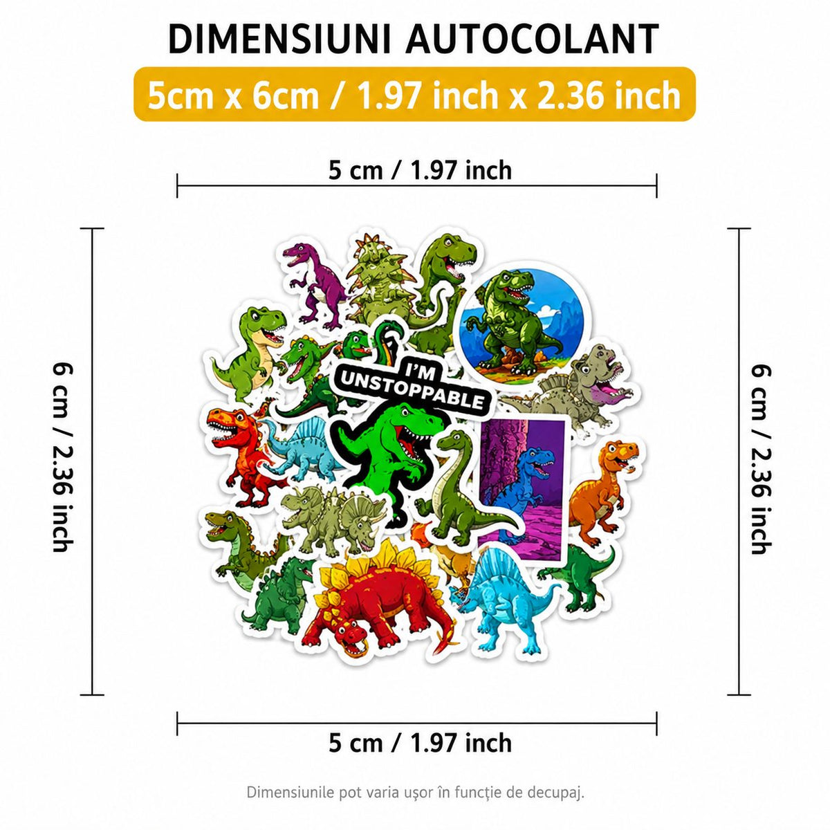 Stickere Decorative Dinozauri Cartoon, Impermeabile, PVC Autoadeziv, Rotunde, 50 Bucati, Multicolor, 5 x 6 cm