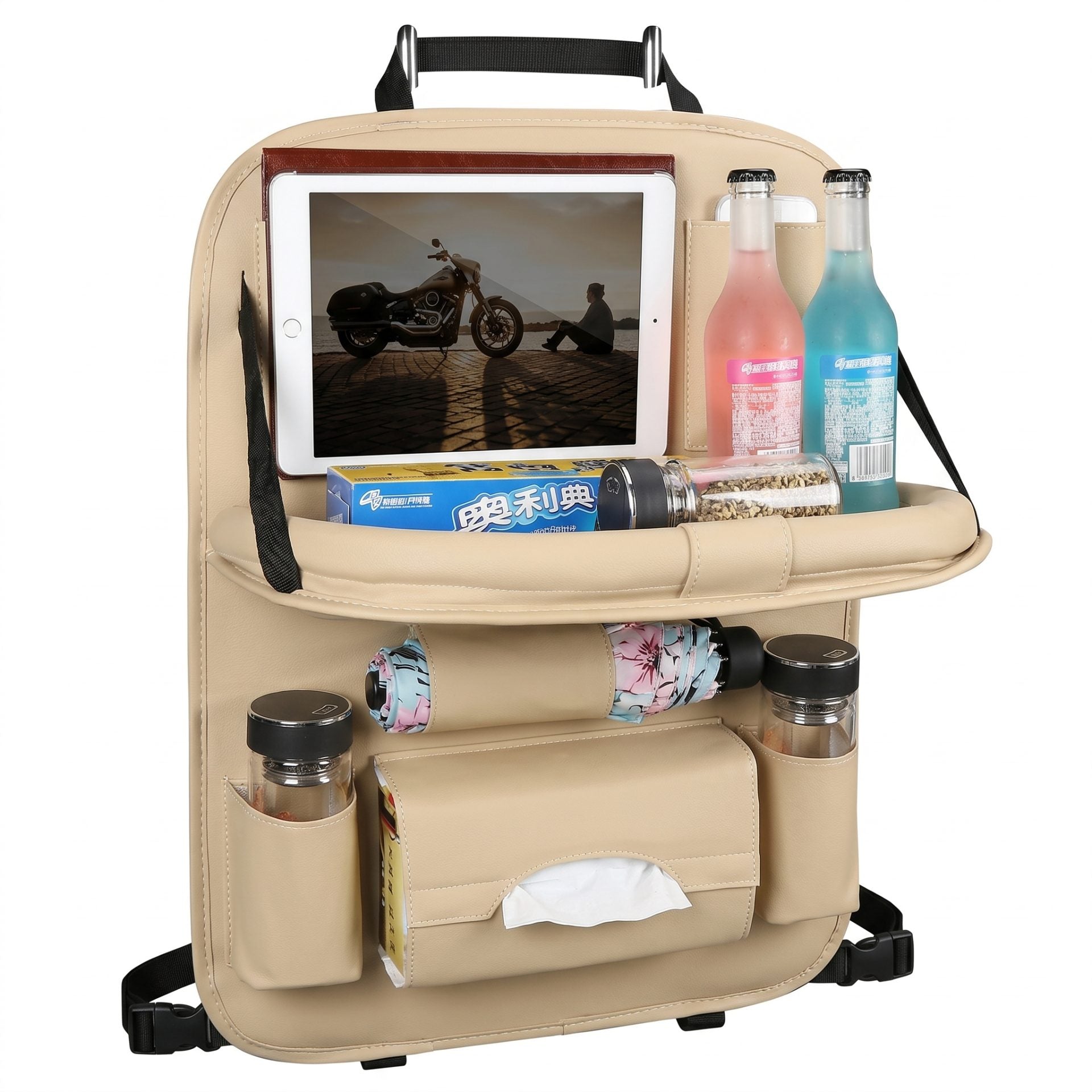 Organizator Spate Scaun Auto cu Masa Pliabila, Suport Tableta si 6 Compartimente, Piele Ecologica Impermeabila, Protectie Tapiterie, 40 x 63 cm, Bej