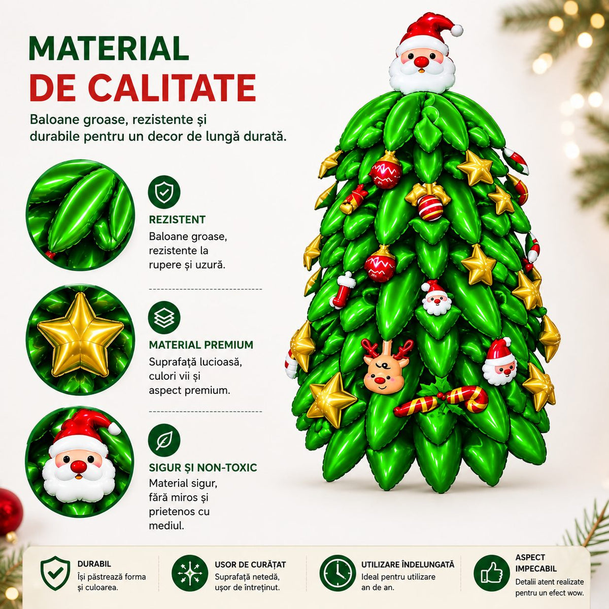Set Baloane Brad De Craciun, Model Cu Mos Craciun Si Ornamente, Folie Metalizata Si Latex, 130 x 126 cm, Multicolor