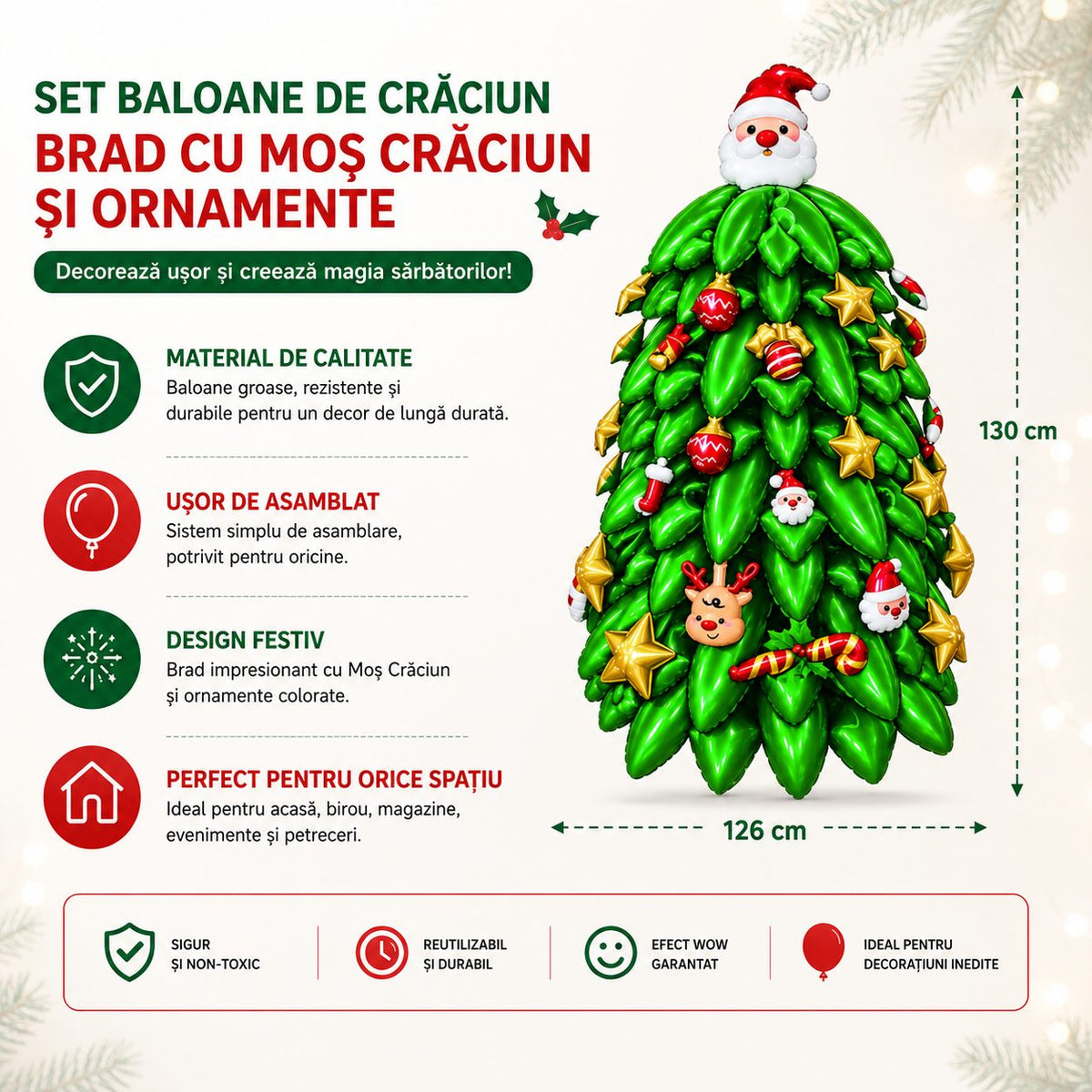 Set Baloane Brad De Craciun, Model Cu Mos Craciun Si Ornamente, Folie Metalizata Si Latex, 130 x 126 cm, Multicolor
