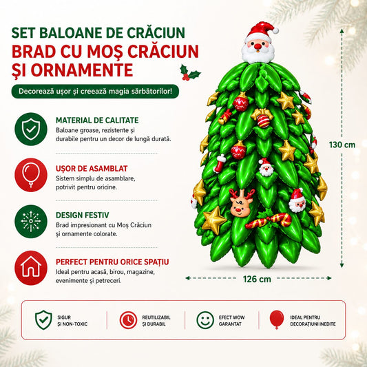 Set Baloane Brad De Craciun, Model Cu Mos Craciun Si Ornamente, Folie Metalizata Si Latex, 130 x 126 cm, Multicolor