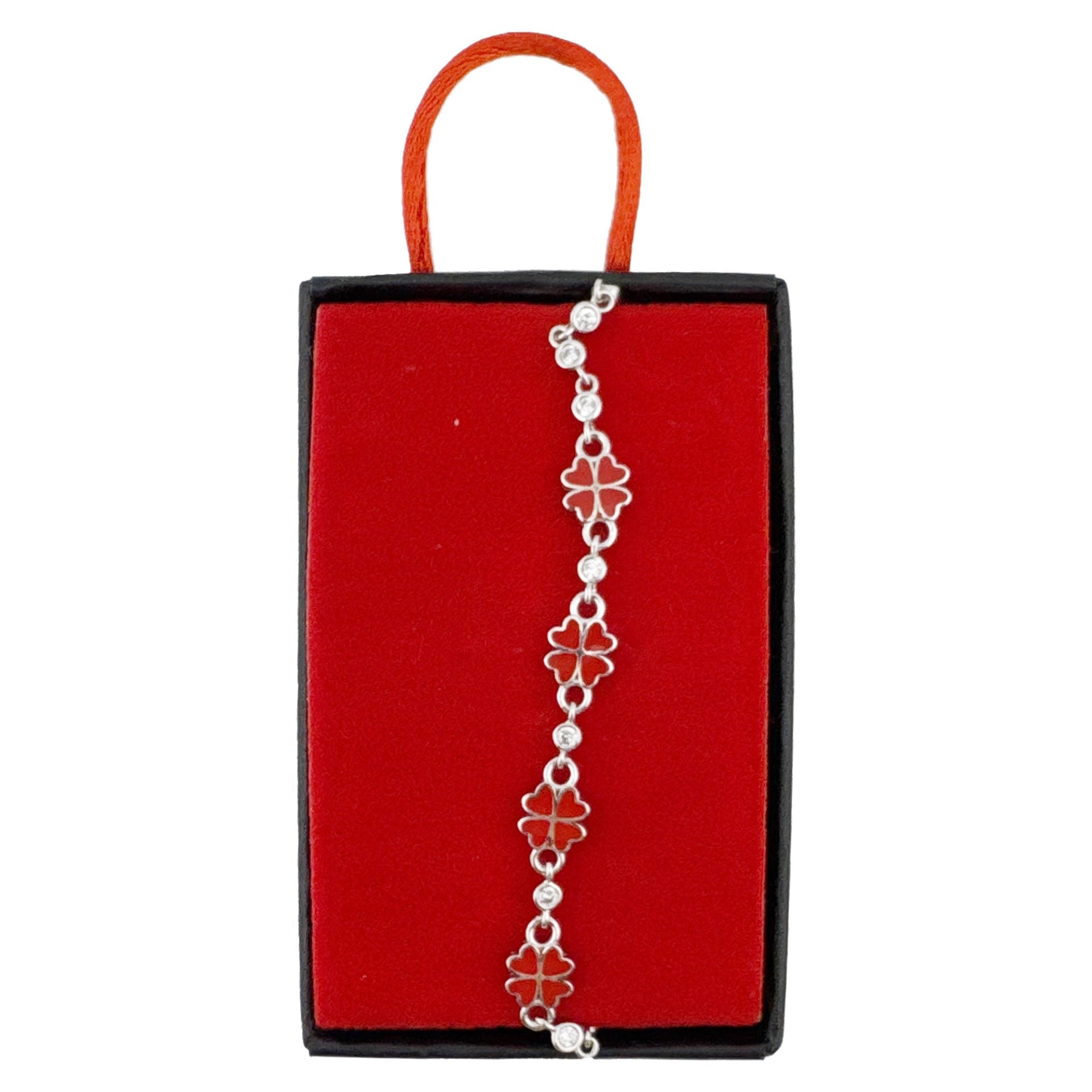 Jolie, Brățară pentru Copii și Fete, Argint 925, Model Trifoi cu Email și Zirconiu, Închidere Clasică, 4.4 g, 22 cm, Argintiu/Roșu