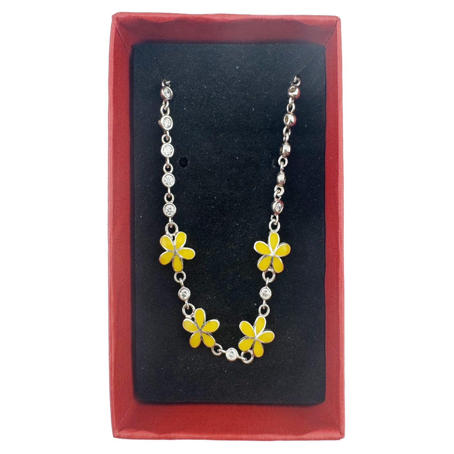 Jolie Brățară pentru Copii și Fete, Model Floare cu Email și Zirconiu, Bijuterie Hipoalergenică din Argint 925, Lungime 22 cm, 1.8 g, Argintiu și Galben