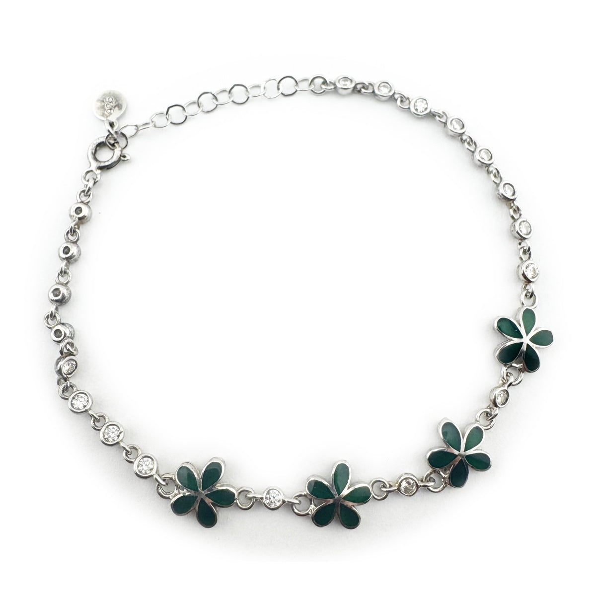 Bratara Jolie pentru Copii si Fetite, Model Floare cu Email si Cristal Zirconiu, Argint 925, Lungime 22 cm, 1.8 g, Argintiu si Verde Inchis