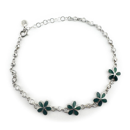Bratara Jolie pentru Copii si Fetite, Model Floare cu Email si Cristal Zirconiu, Argint 925, Lungime 22 cm, 1.8 g, Argintiu si Verde Inchis