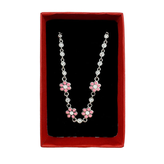 Bratara Jolie pentru Copii din Argint 925, Model Floare cu Email si Zirconiu, Bijuterie Hipoalergenica, 22 cm, 4.4 g, Argintiu/Roz