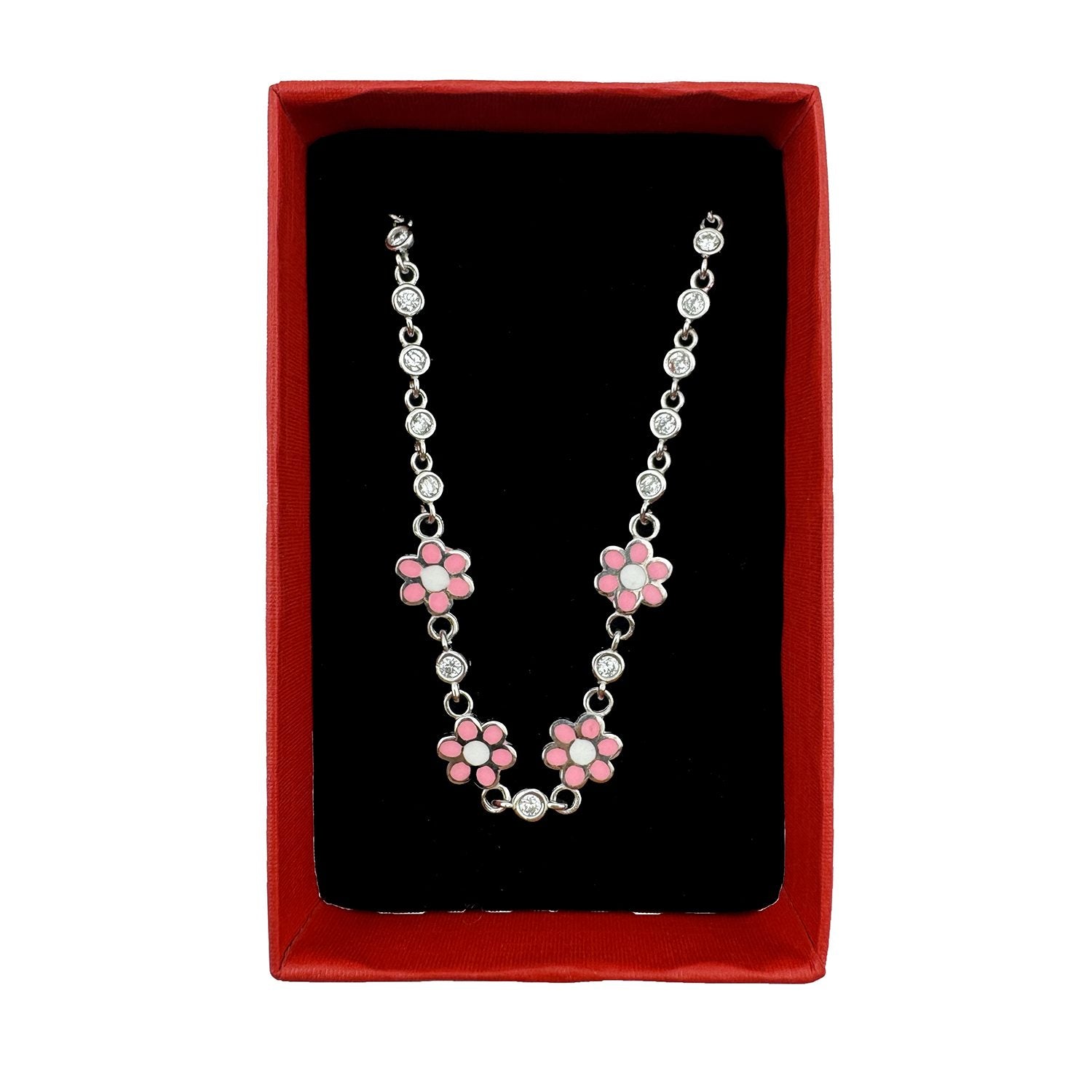 Bratara Jolie pentru Copii din Argint 925, Model Floare cu Email si Zirconiu, Bijuterie Hipoalergenica, 22 cm, 4.4 g, Argintiu/Roz