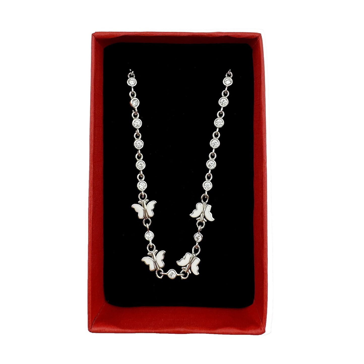 Brățară Jolie pentru Copii și Fete, Model Fluture cu Zirconiu și Email, Argint 925 Hipoalergenic, 22 cm, 4.4 g, Argintiu/Alb