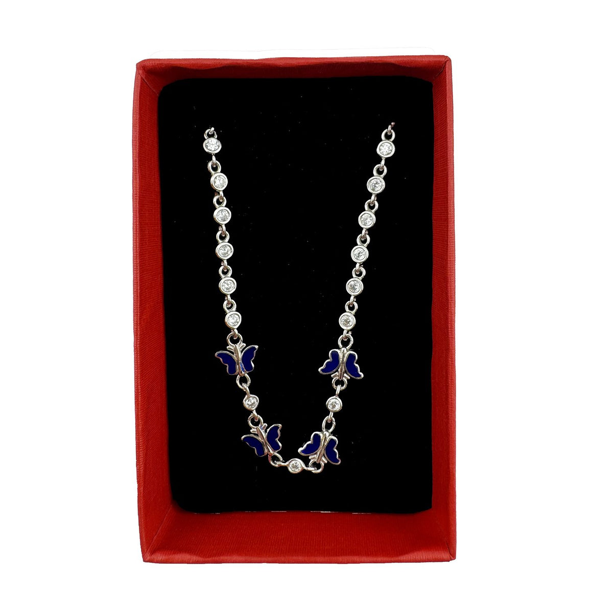 Brățară Jolie pentru Copii și Fete, Model Fluture cu Email și Zirconiu, Argint 925, 22 cm, 4.4 g, Argintiu/Albastru Închis