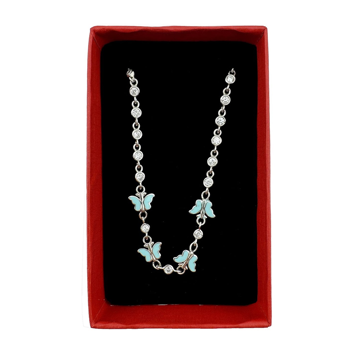 Jolie Bratara pentru Copii si Fete, Model Fluture cu Email si Zirconiu, Argint 925, Lungime 22 cm, 4.4 g, Argintiu/Turcoaz