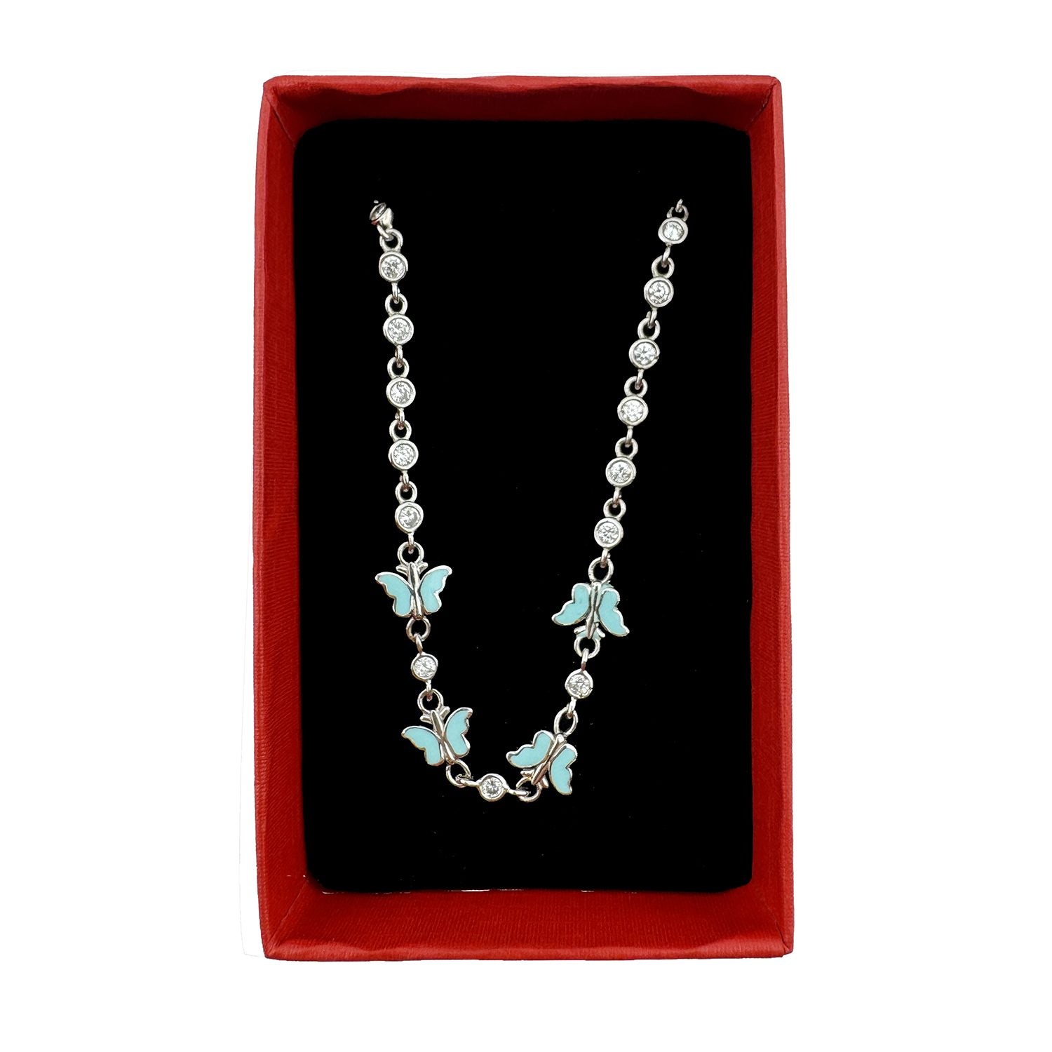 Jolie Bratara pentru Copii si Fete, Model Fluture cu Email si Zirconiu, Argint 925, Lungime 22 cm, 4.4 g, Argintiu/Turcoaz