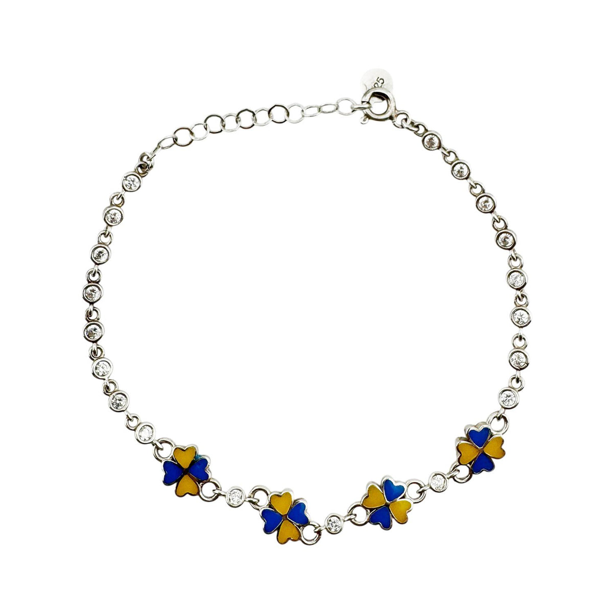 Brățară Jolie pentru Copii și Fete, Model Trifoi cu Email și Zirconiu, Argint 925, 22 cm, 4.4 g, Argintiu/Albastru/Galben