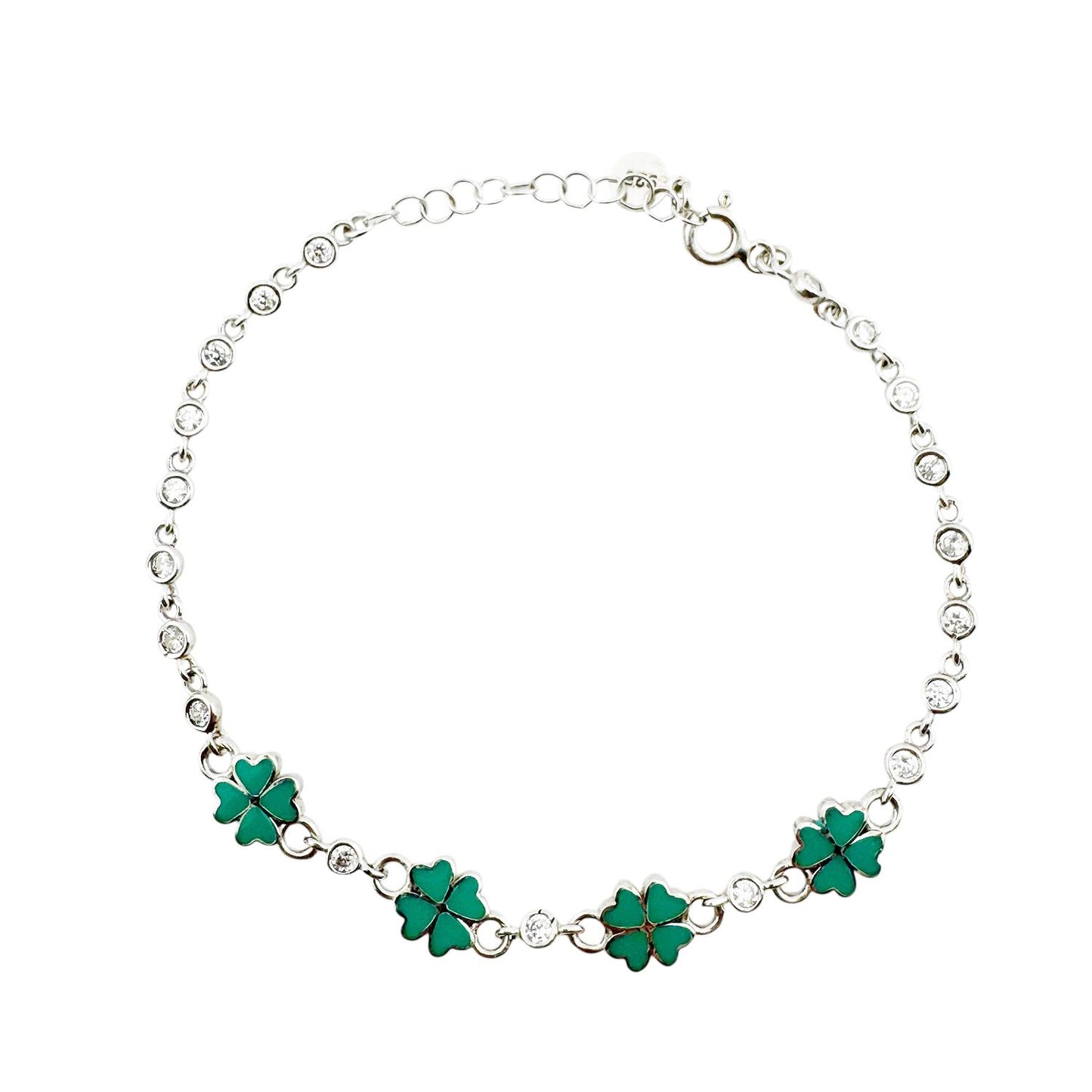 Brățară Jolie pentru Copii și Nou-născuți, Model Trifoi cu Email și Zirconiu, Argint 925 Hipoalergenic, 22 cm, 4.4 g, Argintiu/Verde