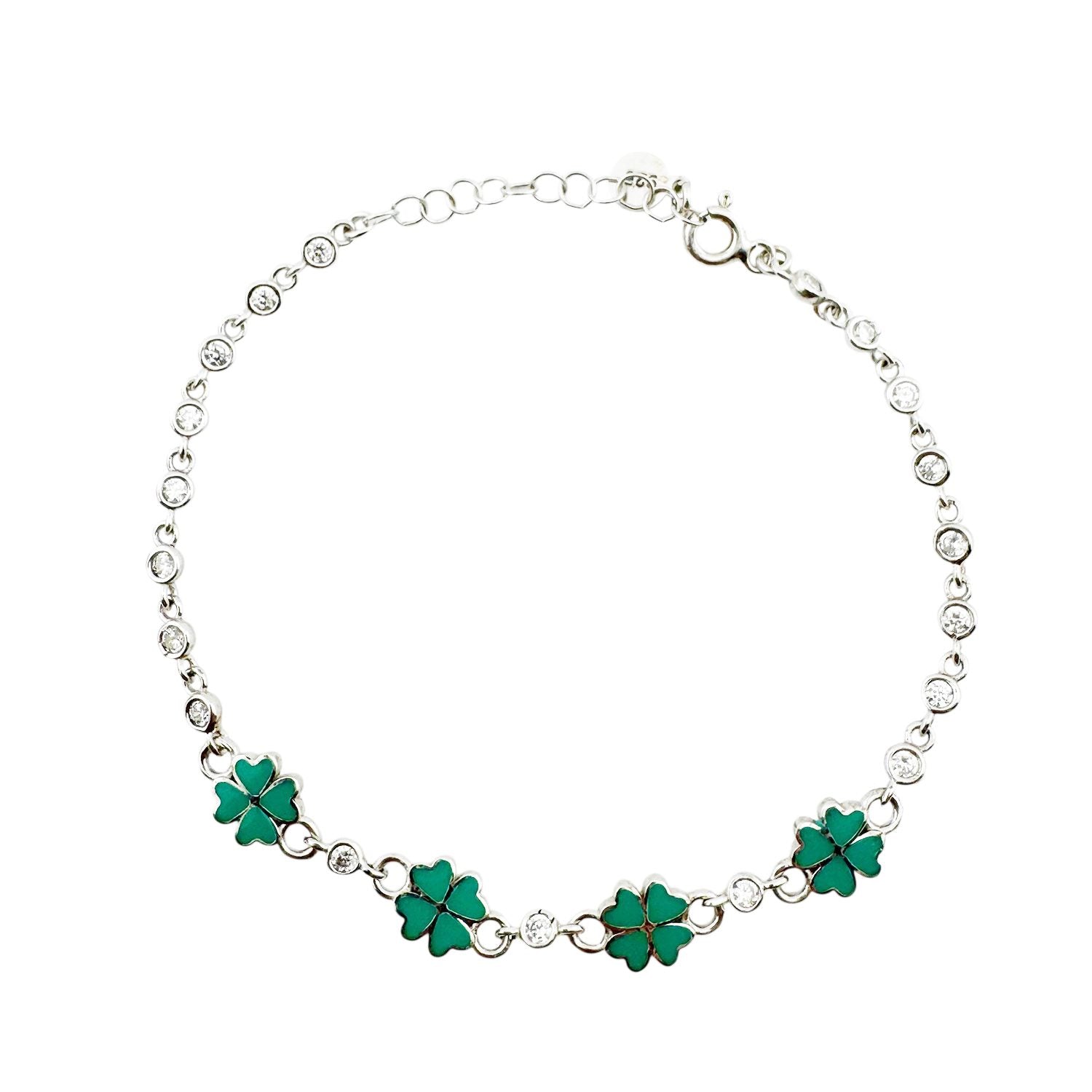 Brățară Jolie pentru Copii și Nou-născuți, Model Trifoi cu Email și Zirconiu, Argint 925 Hipoalergenic, 22 cm, 4.4 g, Argintiu/Verde