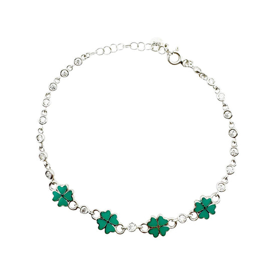 Brățară Jolie pentru Copii și Nou-născuți, Model Trifoi cu Email și Zirconiu, Argint 925 Hipoalergenic, 22 cm, 4.4 g, Argintiu/Verde