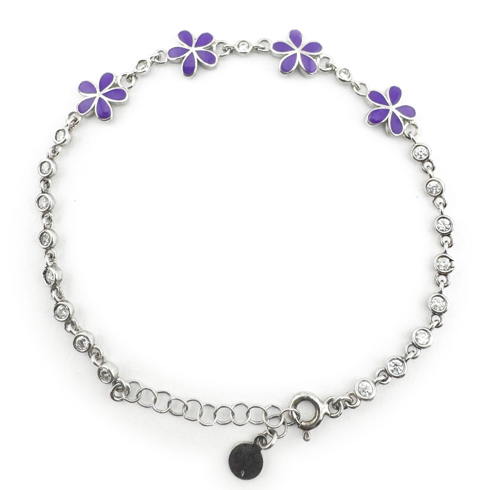Brățară Copii Jolie, Argint 925, Model Floare Mov cu Email și Zirconiu, Bijuterie Hipoalergenică pentru Fete, Lungime 22 cm, 1.8 g, Argintiu/Mov